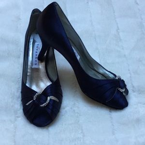 Navy Satin with Rhinestone decoration open toe shoe.